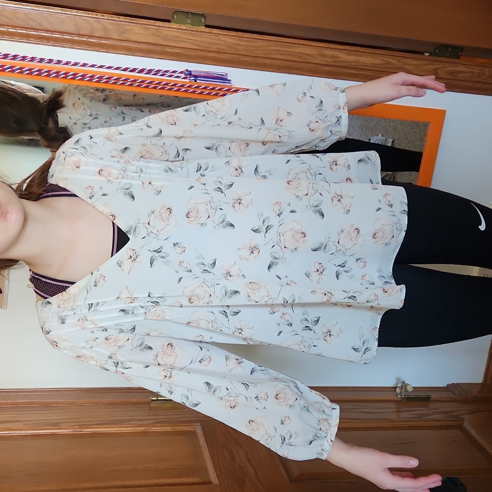 Soft white, peach/blush and gray blouse